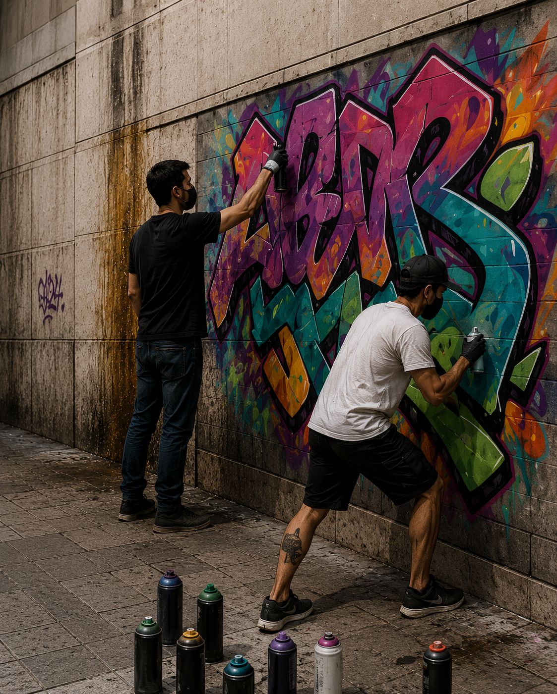 Artistas de grafiti pintando mural en fachada urbana — contexto de contaminación y absorción