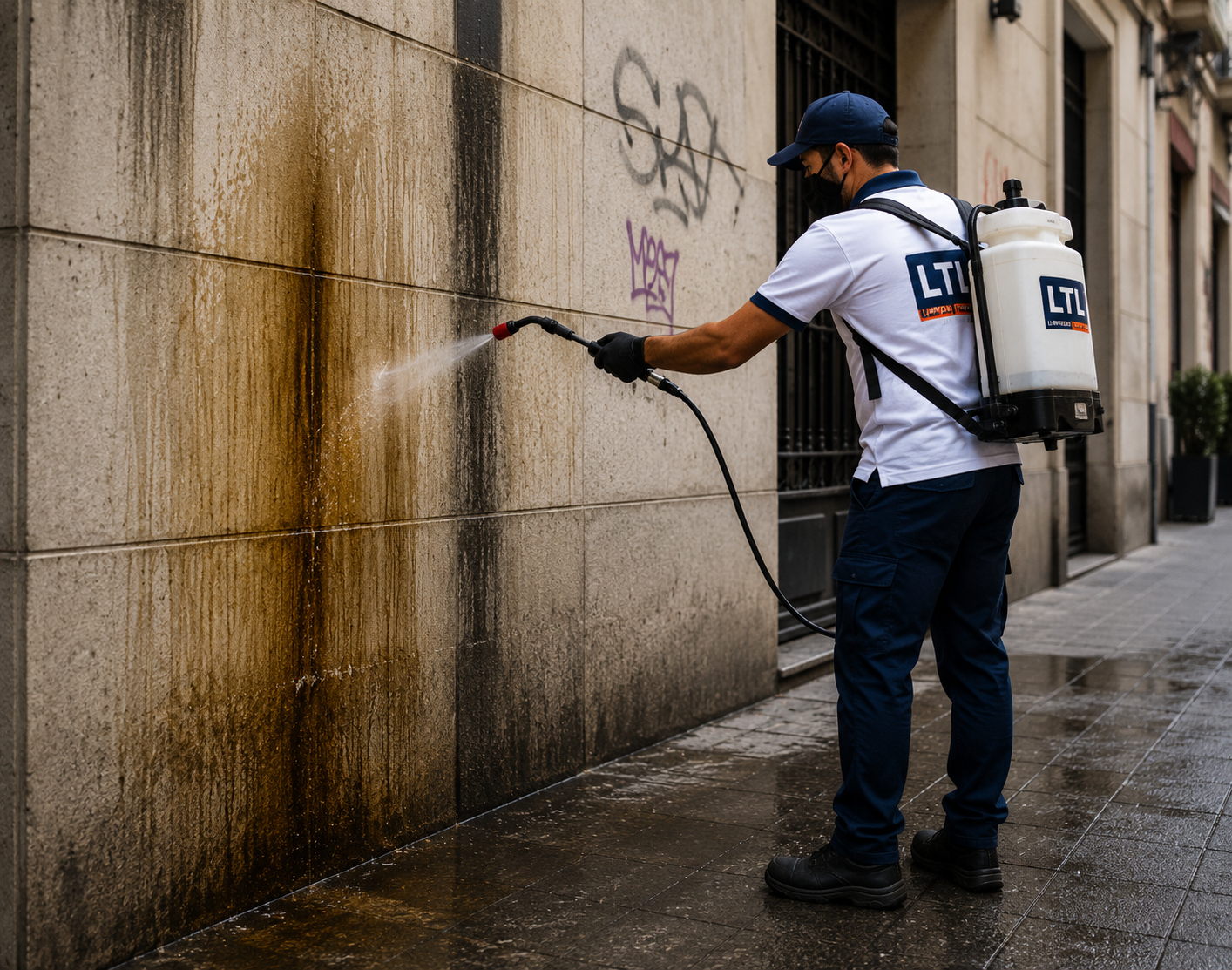Técnico LTL aplicando tratamiento químico en fachada contaminada con orina y grafiti