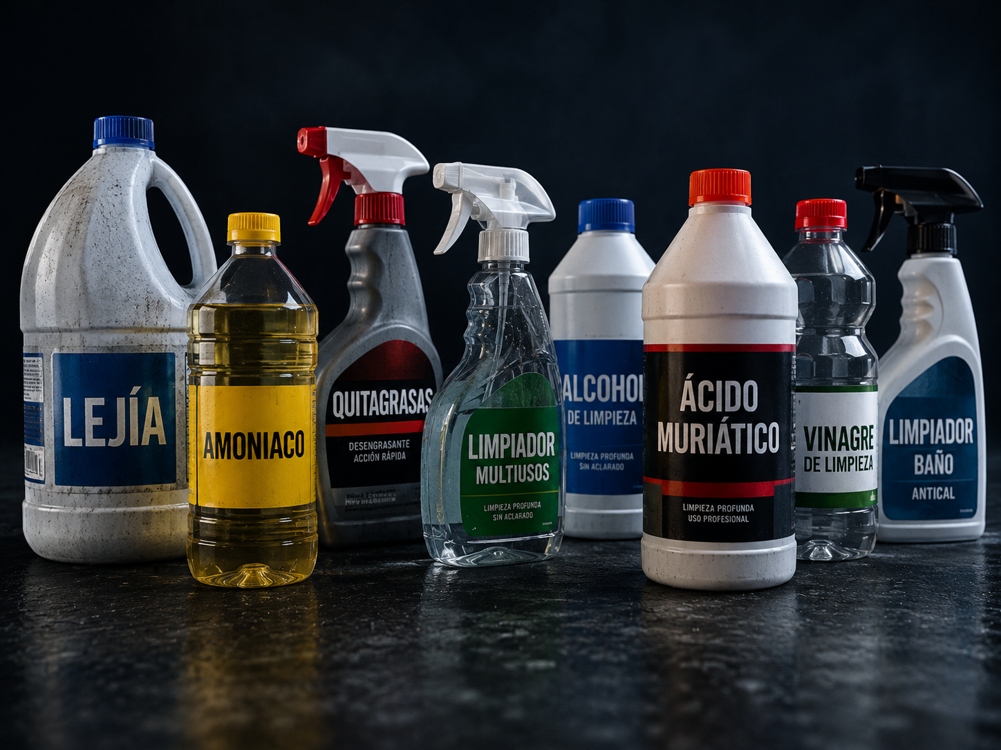 Productos genéricos: lejía, amoniaco, quitagrasas, ácido muriático, vinagre — no utilizamos