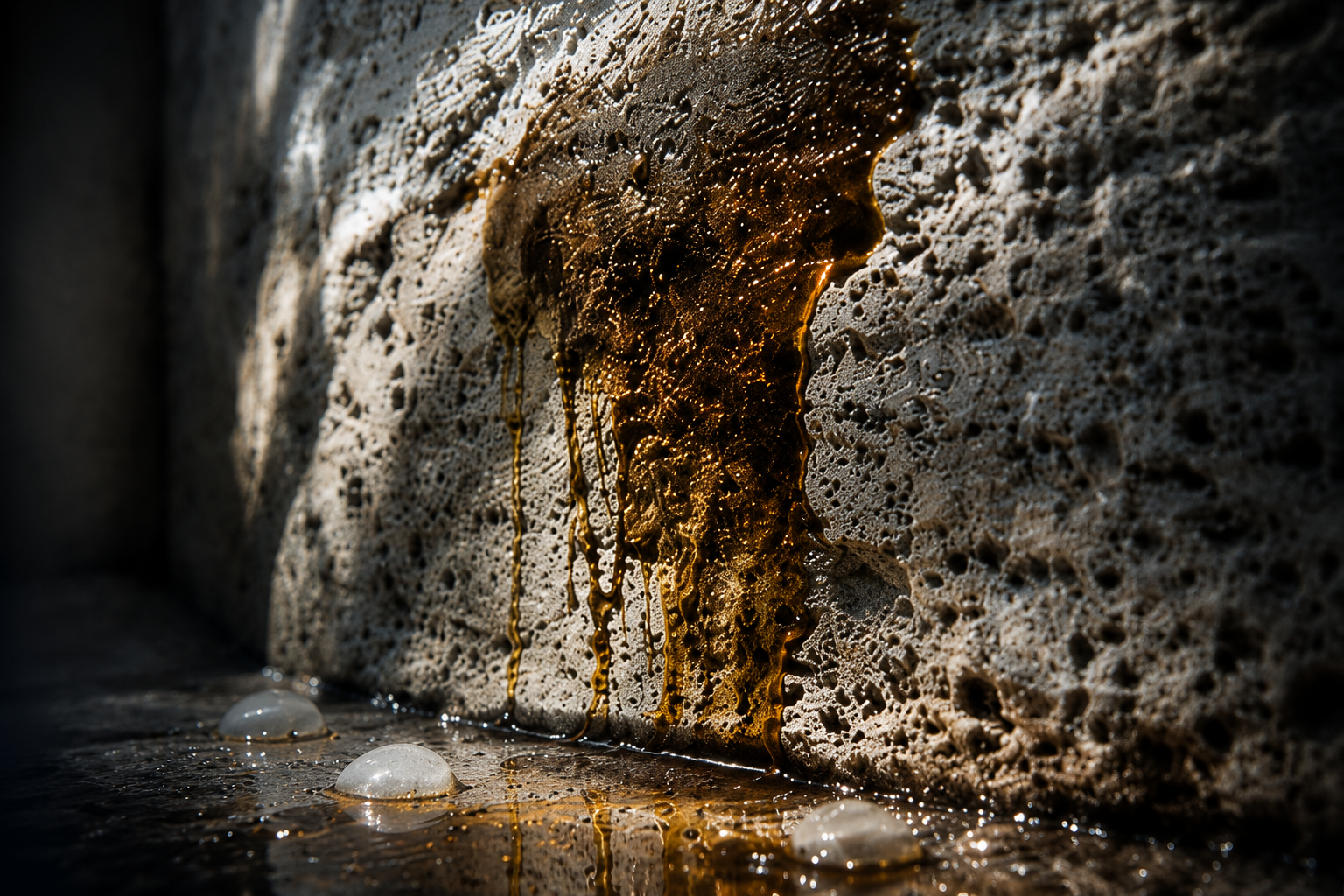 Contaminación orgánica penetrando piedra porosa — deterioro activo del soporte mineral