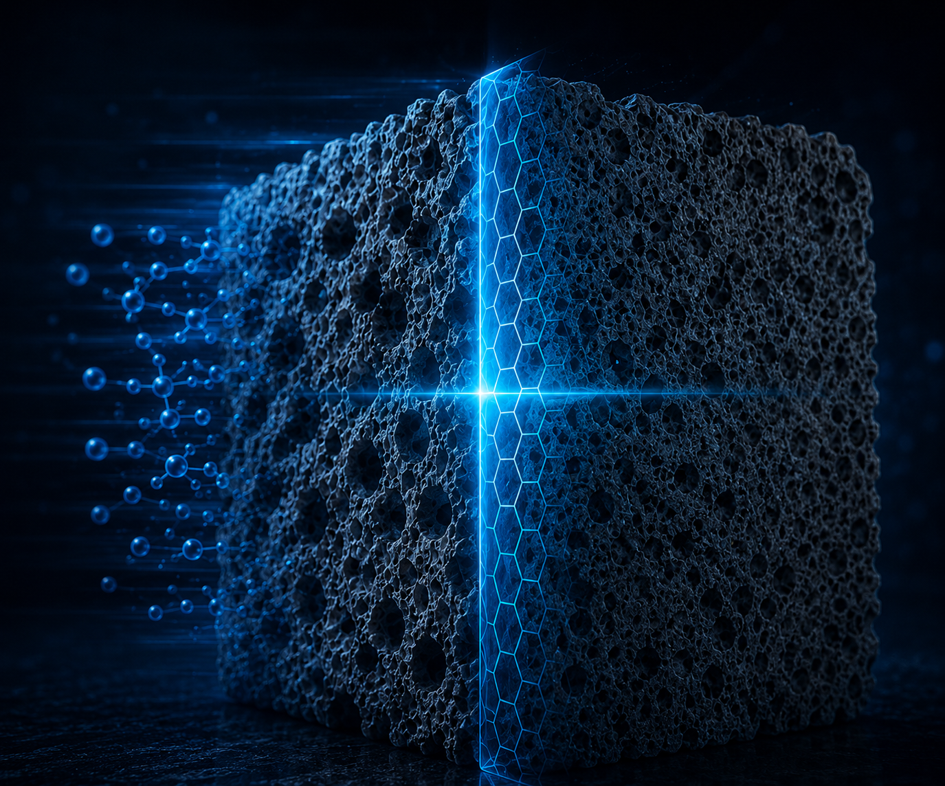 Bloque mineral con barrera nanotecnológica hexagonal activa — protección LTL aplicada