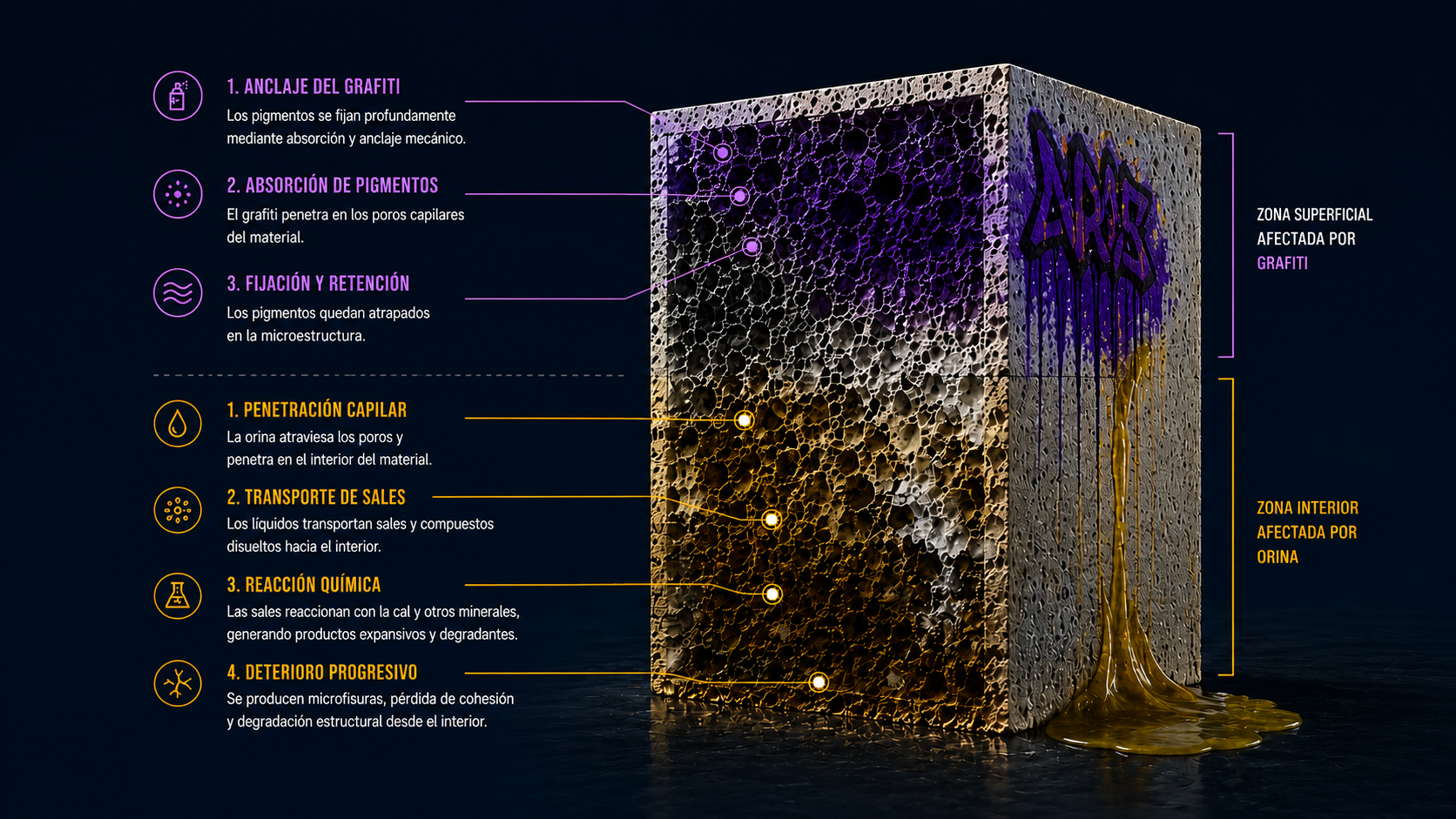 Diagrama técnico 3D del bloque poroso con penetración de grafiti y orina — análisis molecular LTL