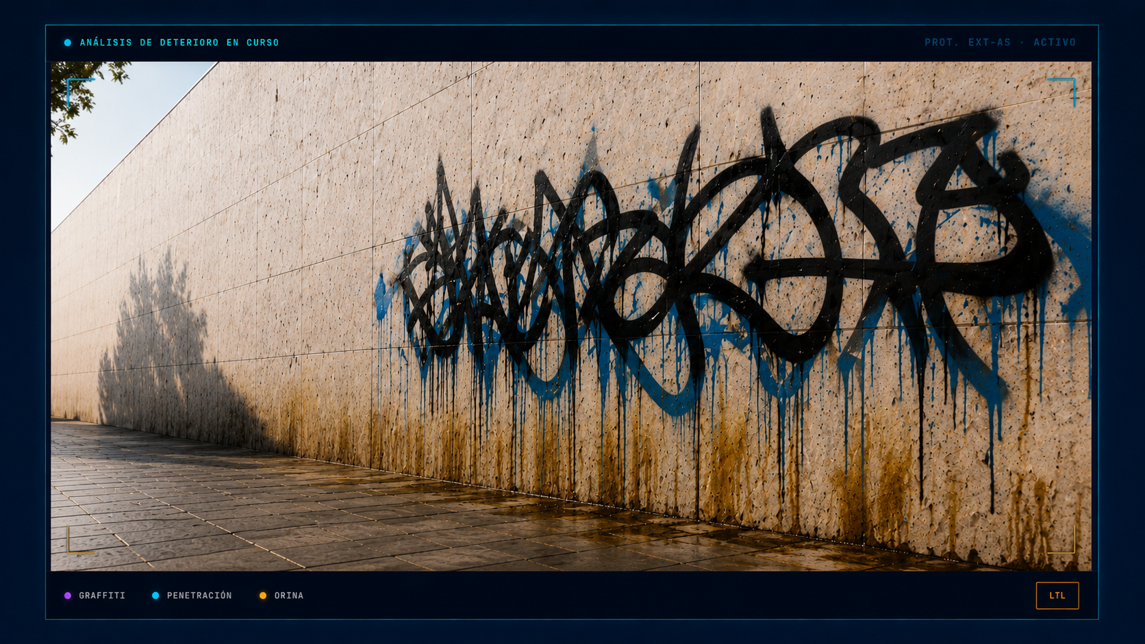 Bloque de material poroso con penetración de grafiti y orina — análisis técnico LTL