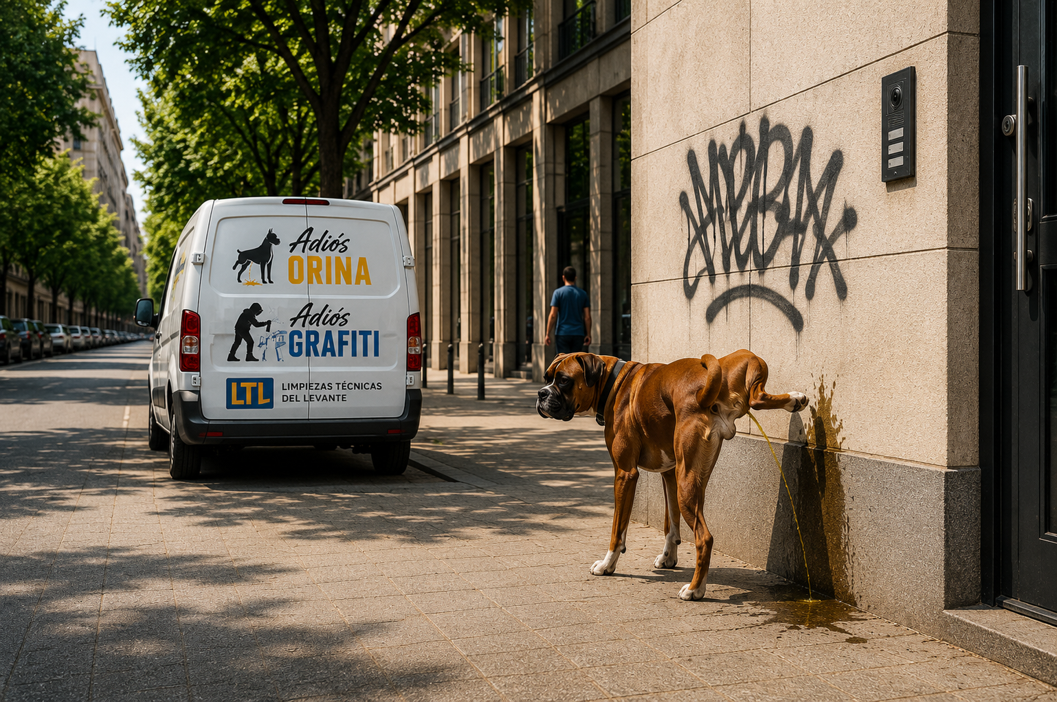 Fachada urbana con daños por orina y grafiti — contaminación real en entorno arquitectónico