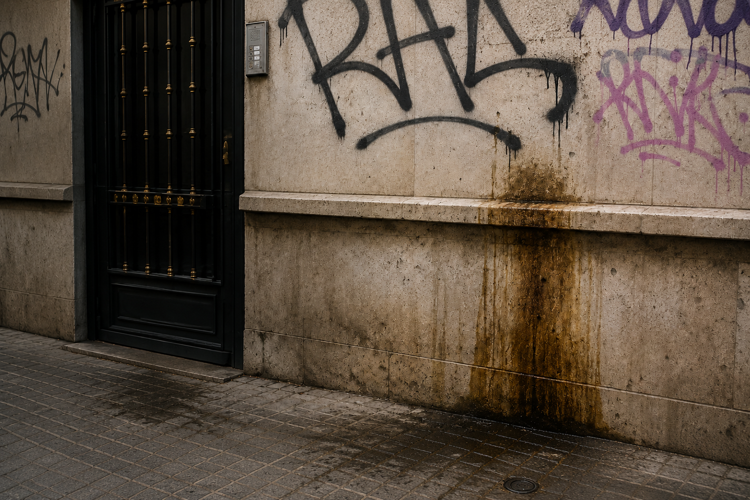 Fachada urbana con grafiti y deterioro real — contexto de intervención técnica LTL